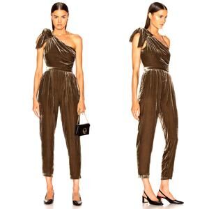 NWT ULLA JOHNSON Tess Jumpsuit in‎ Cub Sz 8 Brown Velvet One Shoulder Bow Detail